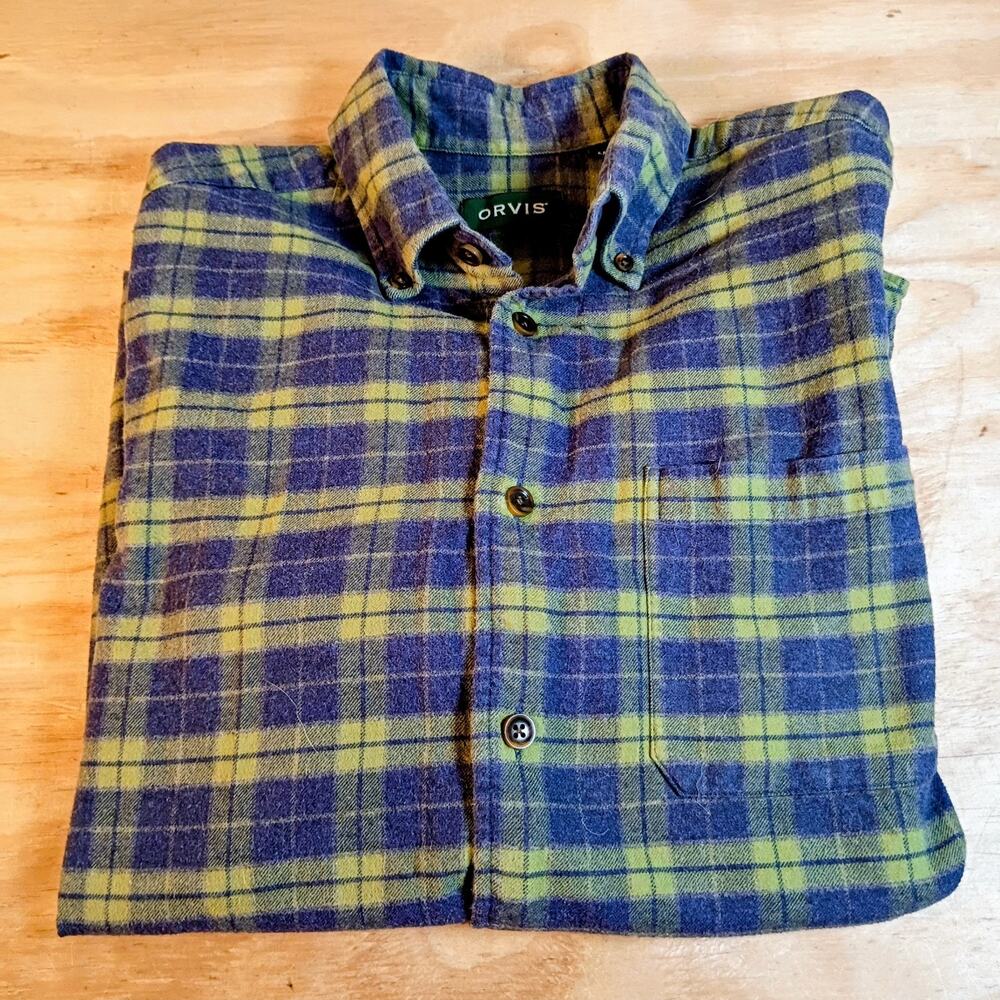 Orvis Mens Flannel Shirt Medium M Green Blue Plaid Long Sleeve Button Down